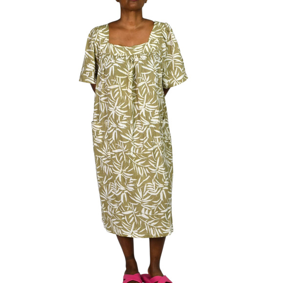 Vintage Patio Dress Tan Vermont Country Store Palm Leaf Muumuu Housedress Large - Picture 1 of 14